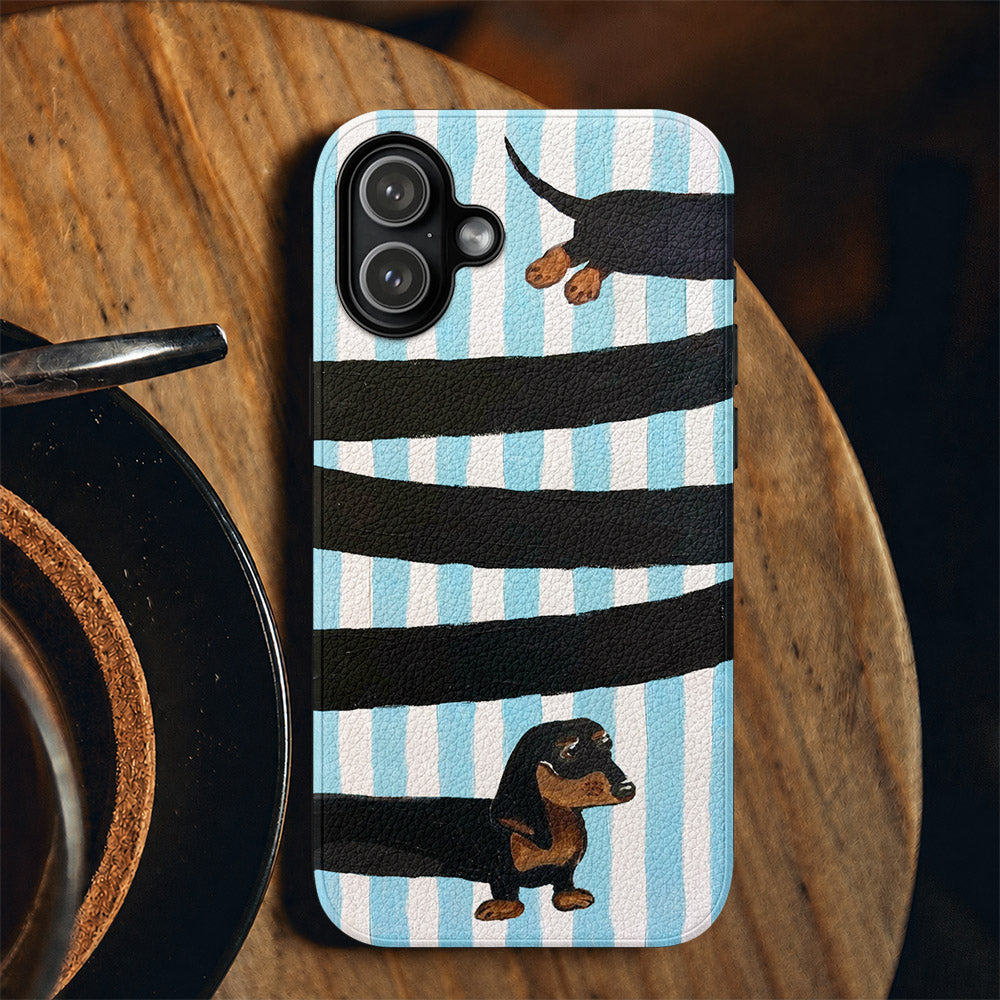Dachshund Lover Leather Phone Case Adorable Blue Loops - Beige