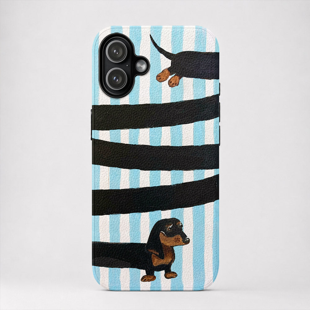 Dachshund Lover Leather Phone Case Adorable Blue Loops - Beige