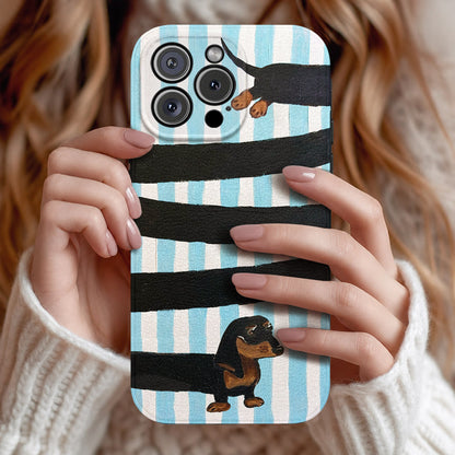 Dachshund Lover Leather Phone Case Adorable Blue Loops - Beige