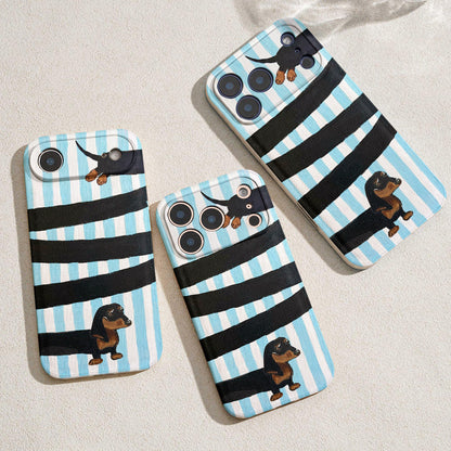 Dachshund Lover Leather Phone Case Adorable Blue Loops - Beige