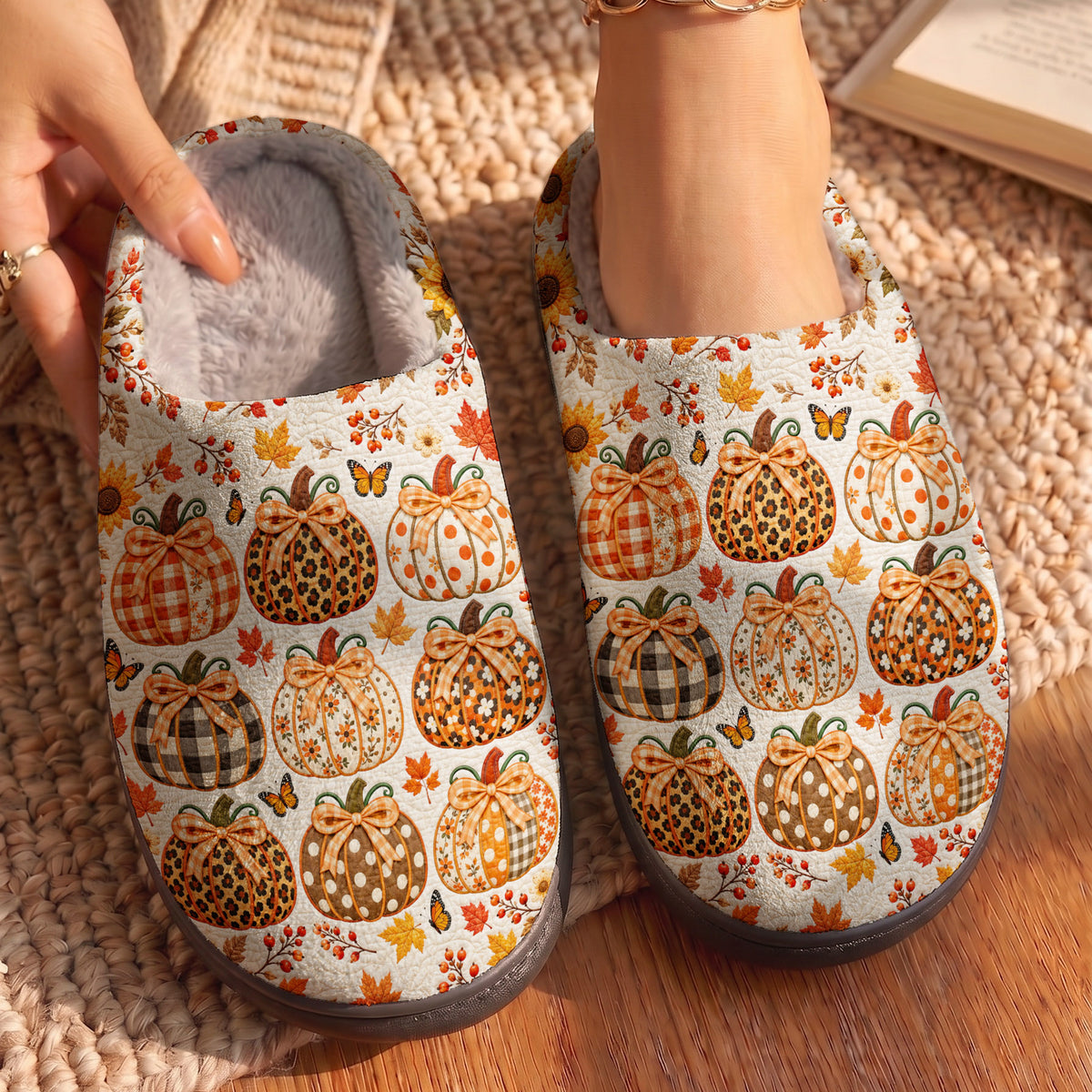 Autumn Fleece Lined Slippers Pumpkin Chic