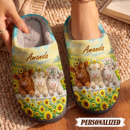 Highland Cow Fleece Lined Slippers Personalized Baby Cows In Sunflowers