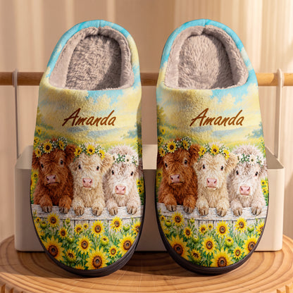 Highland Cow Fleece Lined Slippers Personalized Baby Cows In Sunflowers