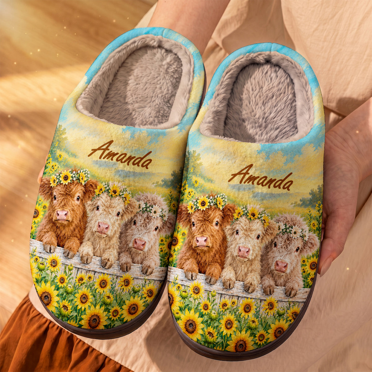 Highland Cow Fleece Lined Slippers Personalized Baby Cows In Sunflowers