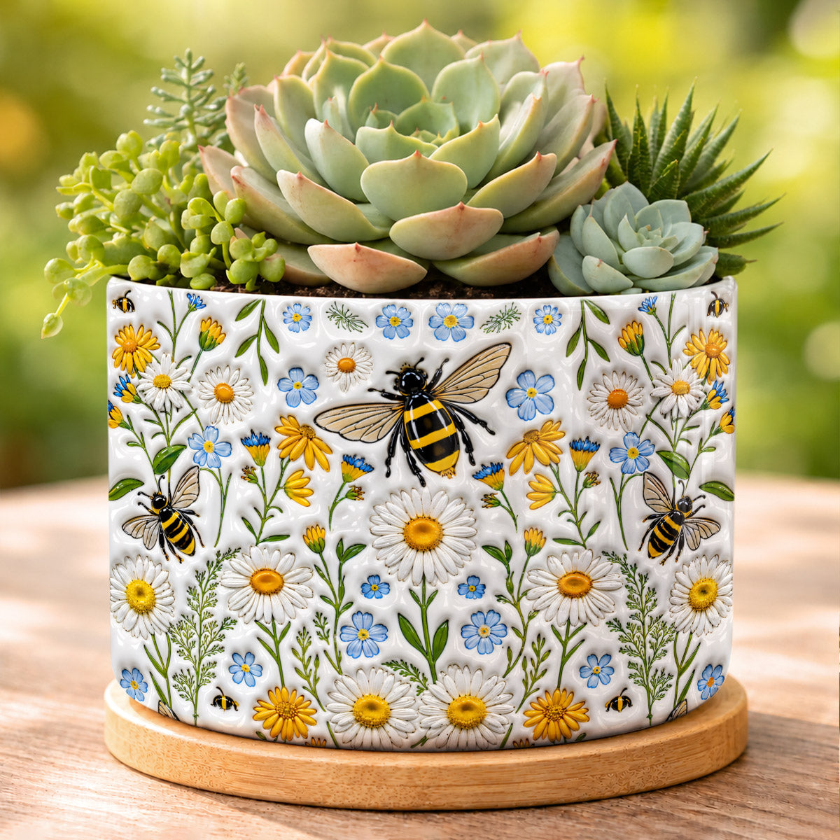 Bee Lover Ceramic Plant Pot with Bamboo Tray Bee Garden Harmony