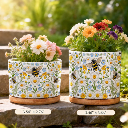Bee Lover Ceramic Plant Pot with Bamboo Tray Bee Garden Harmony