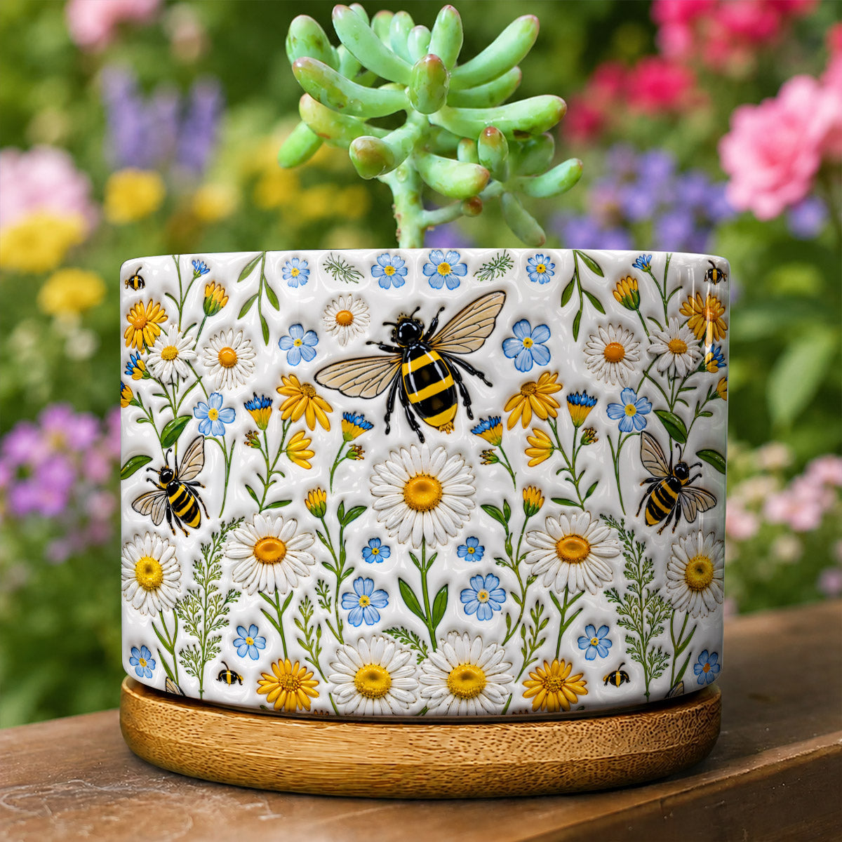 Bee Lover Ceramic Plant Pot with Bamboo Tray Bee Garden Harmony