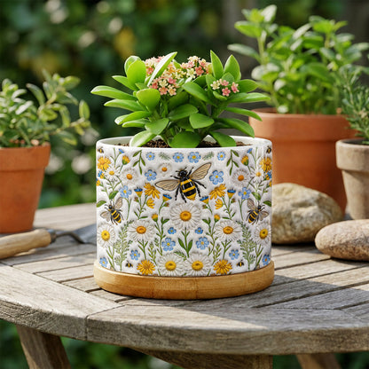 Bee Lover Ceramic Plant Pot with Bamboo Tray Bee Garden Harmony