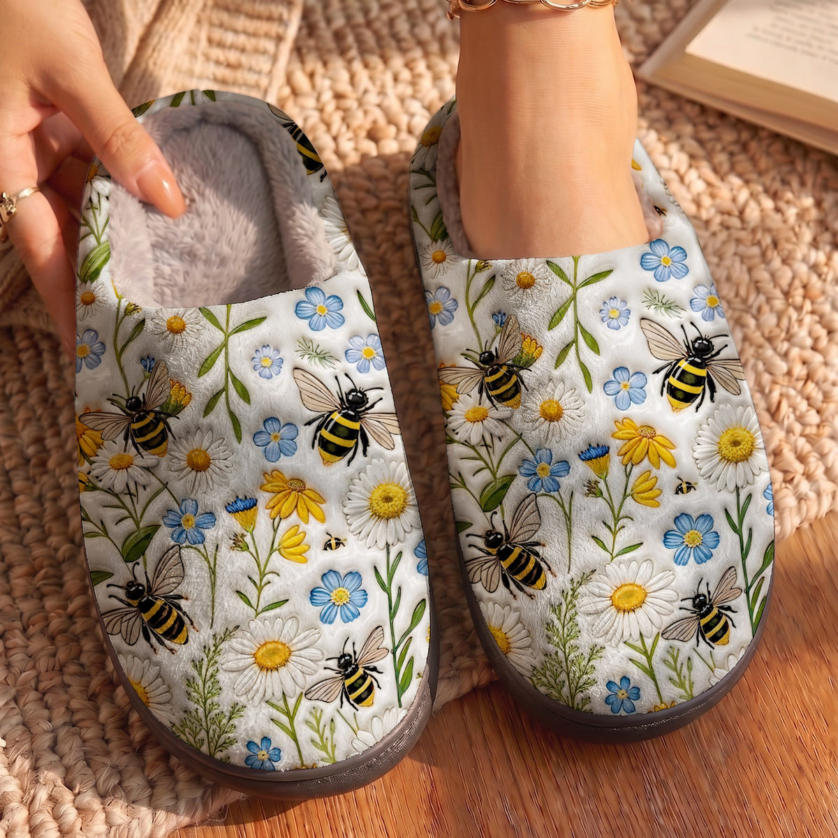 Bee Lover Fleece Lined Slippers Bee Garden Harmony