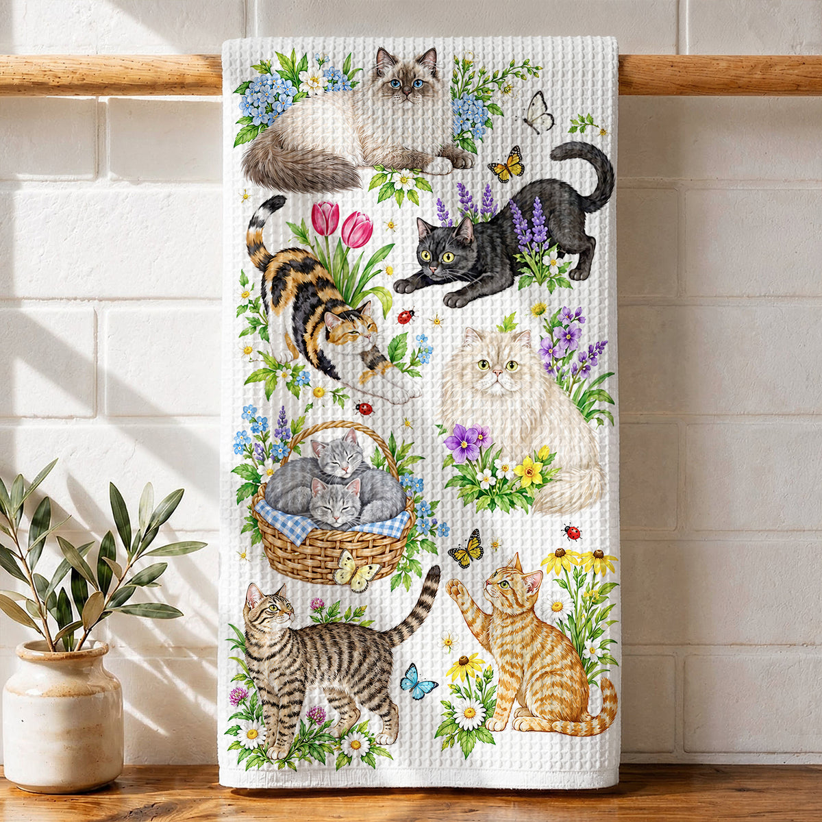 Cat Kitchen Towel Blooming Cat Garden