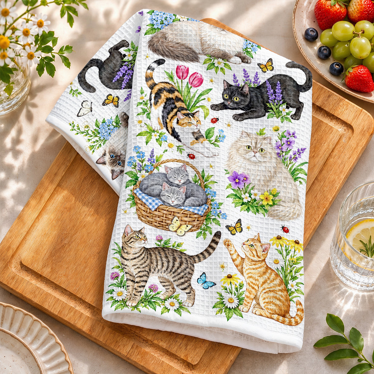 Cat Kitchen Towel Blooming Cat Garden