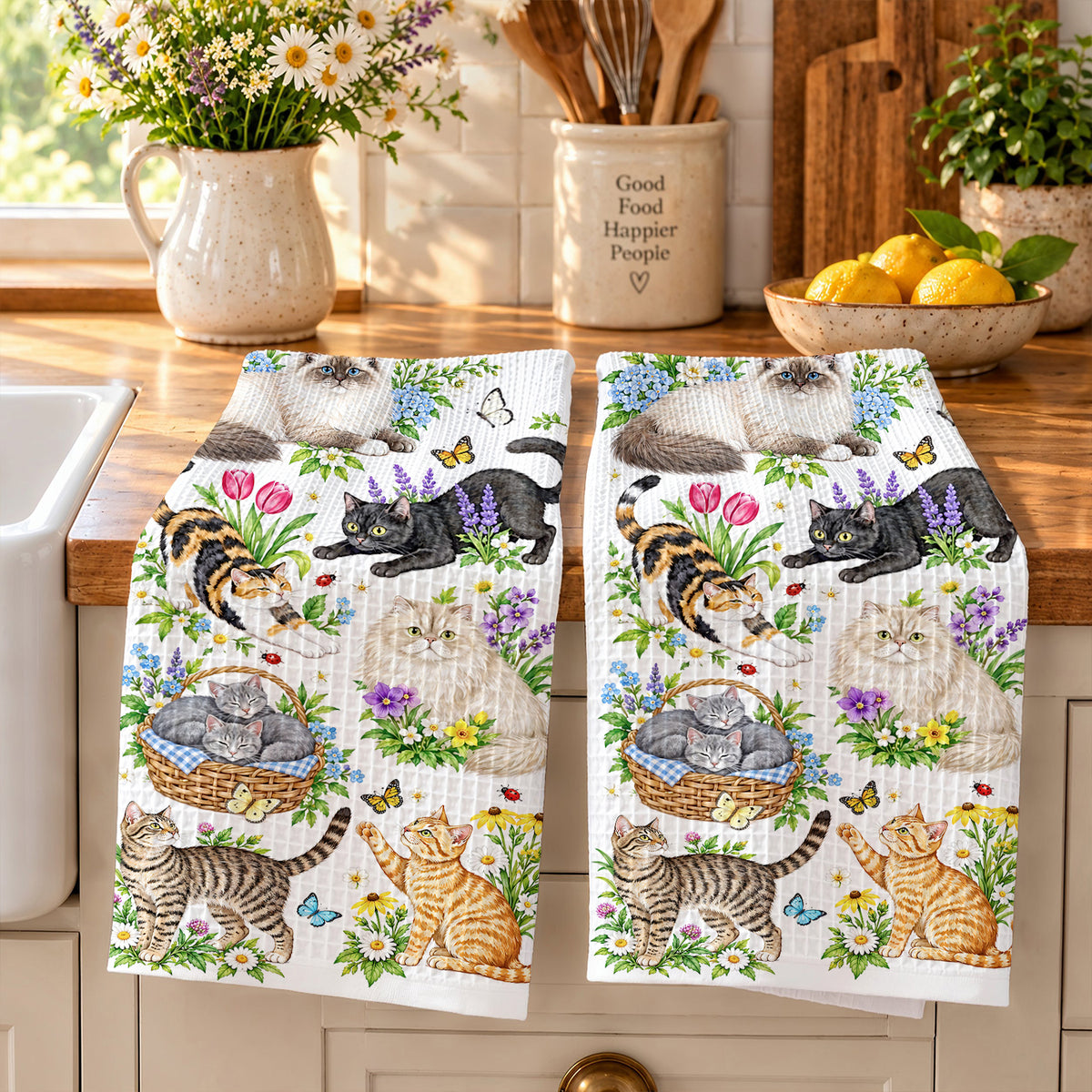 Cat Kitchen Towel Blooming Cat Garden