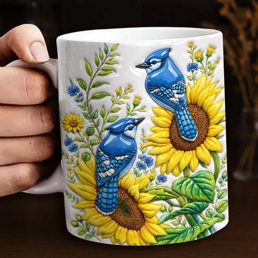 Bird Lovers Ceramic Mug Blue Jays in Golden Bloom