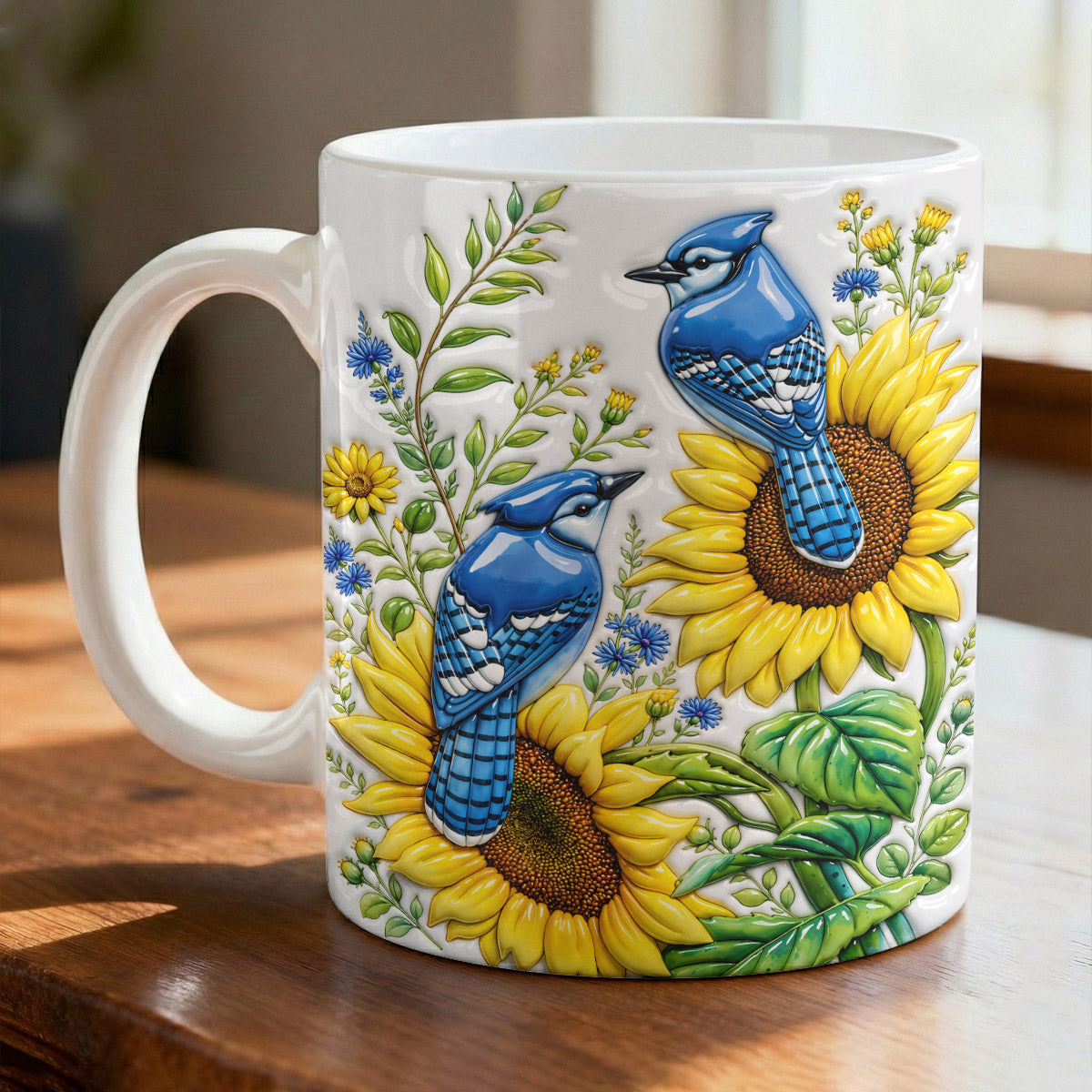 Bird Lovers Ceramic Mug Blue Jays in Golden Bloom