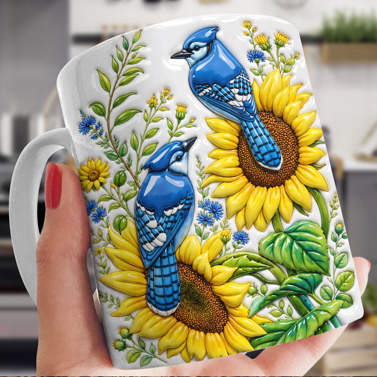 Bird Lovers Ceramic Mug Blue Jays in Golden Bloom