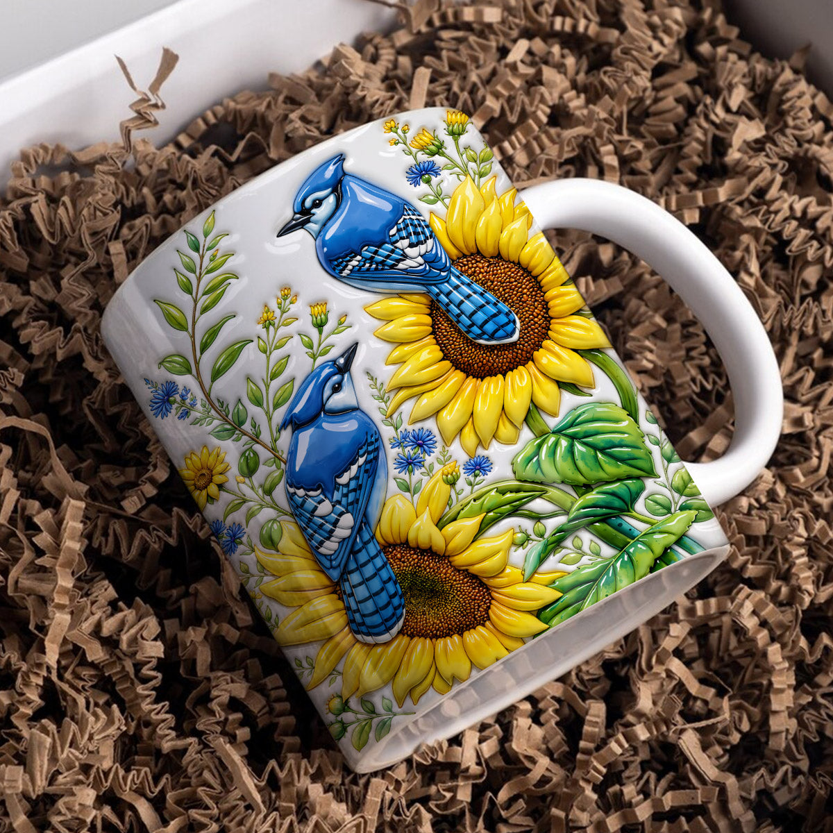 Bird Lovers Ceramic Mug Blue Jays in Golden Bloom