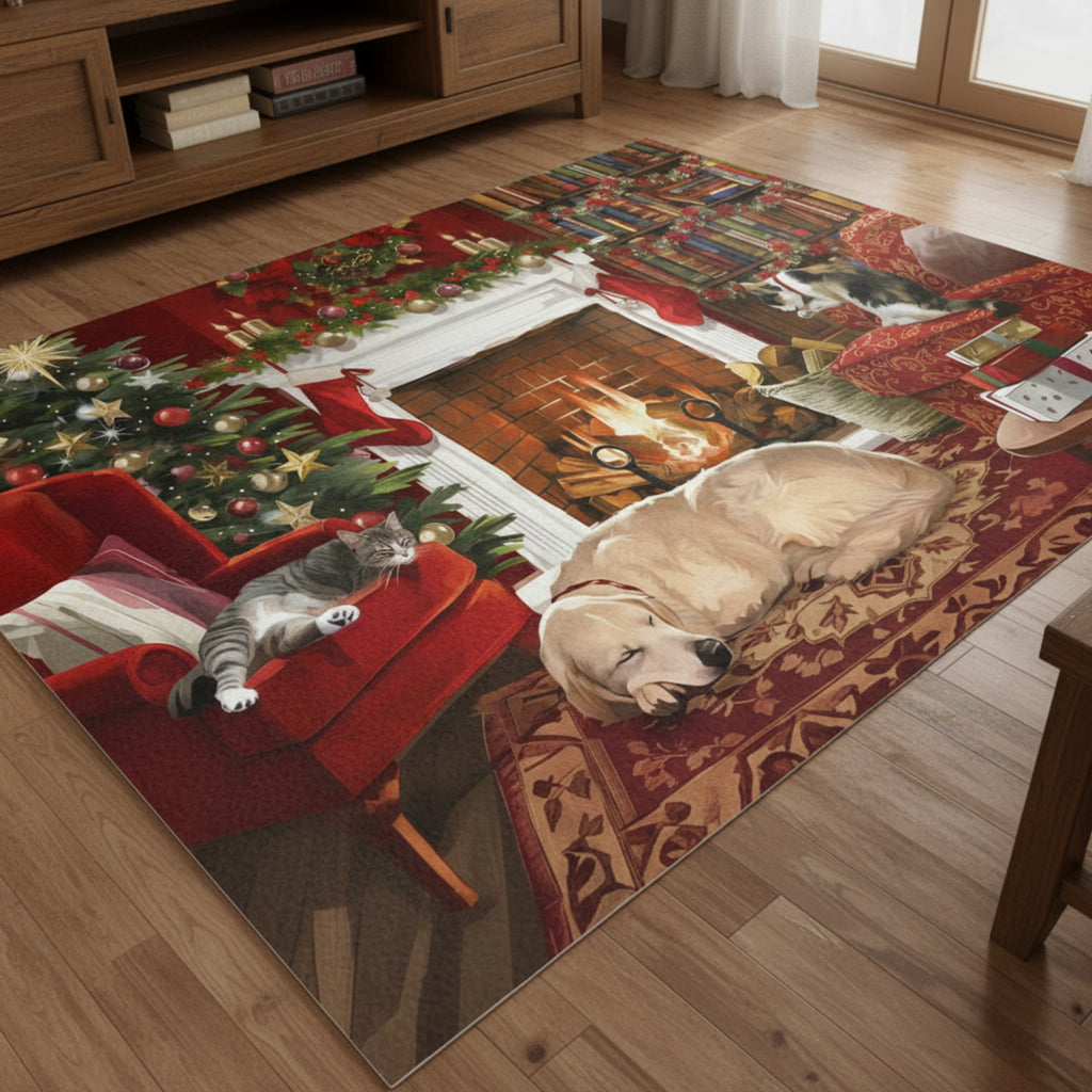 Christmas Area Rug By The Fireplace