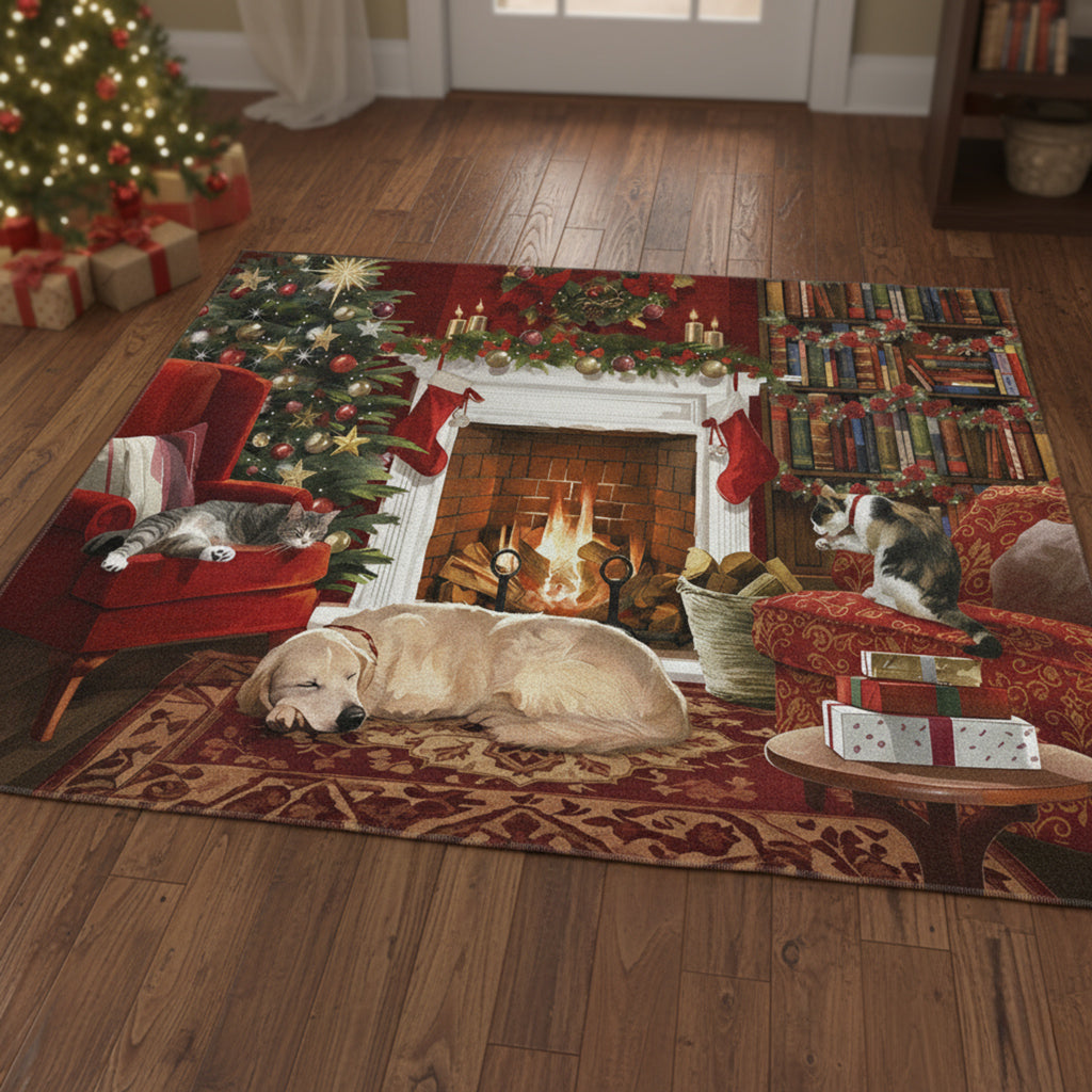 Christmas Area Rug By The Fireplace