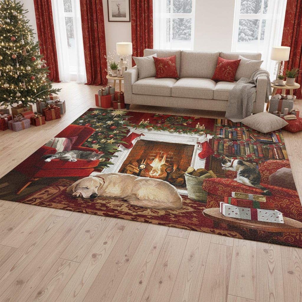Christmas Area Rug By The Fireplace