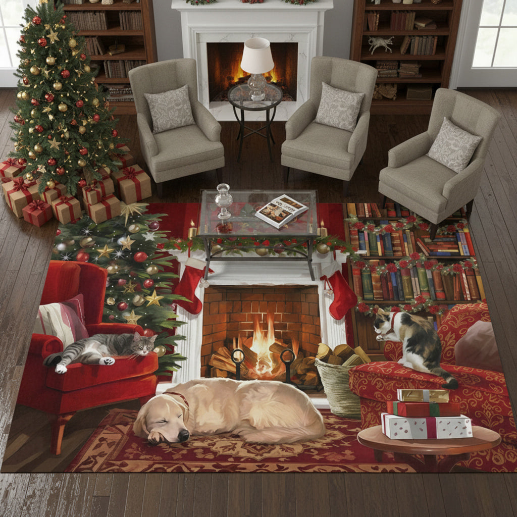 Christmas Area Rug By The Fireplace