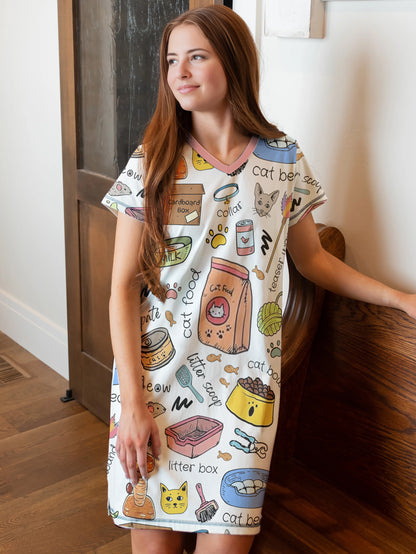 Cat Lover V-neck Nightshirt Cat Mom Life