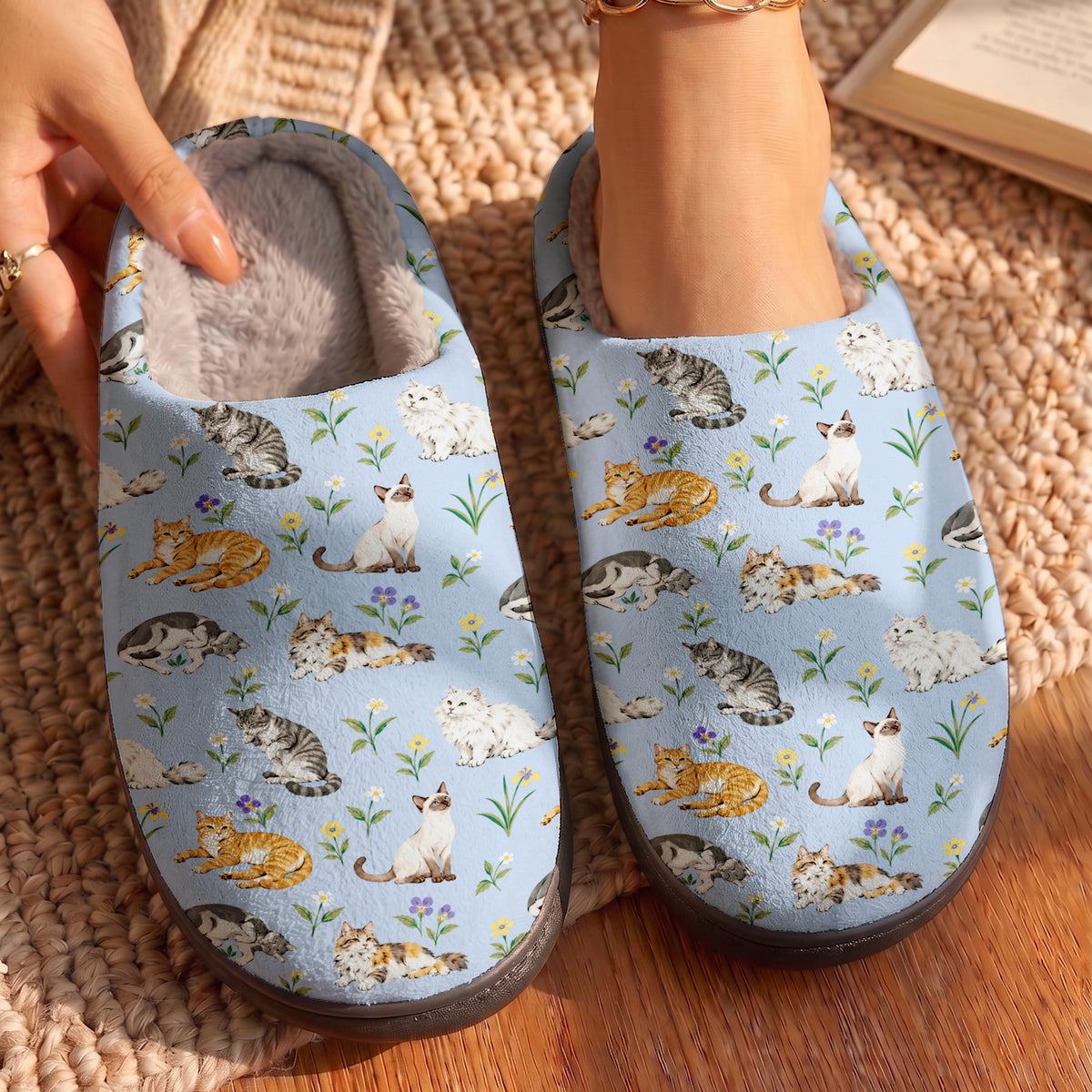 Cat Fleece Lined Slippers Cats in Wildflowers