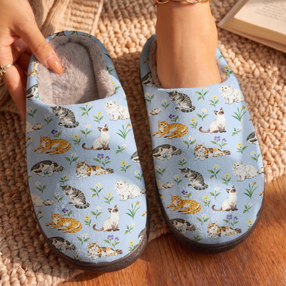Cat Fleece Lined Slippers Cats in Wildflowers