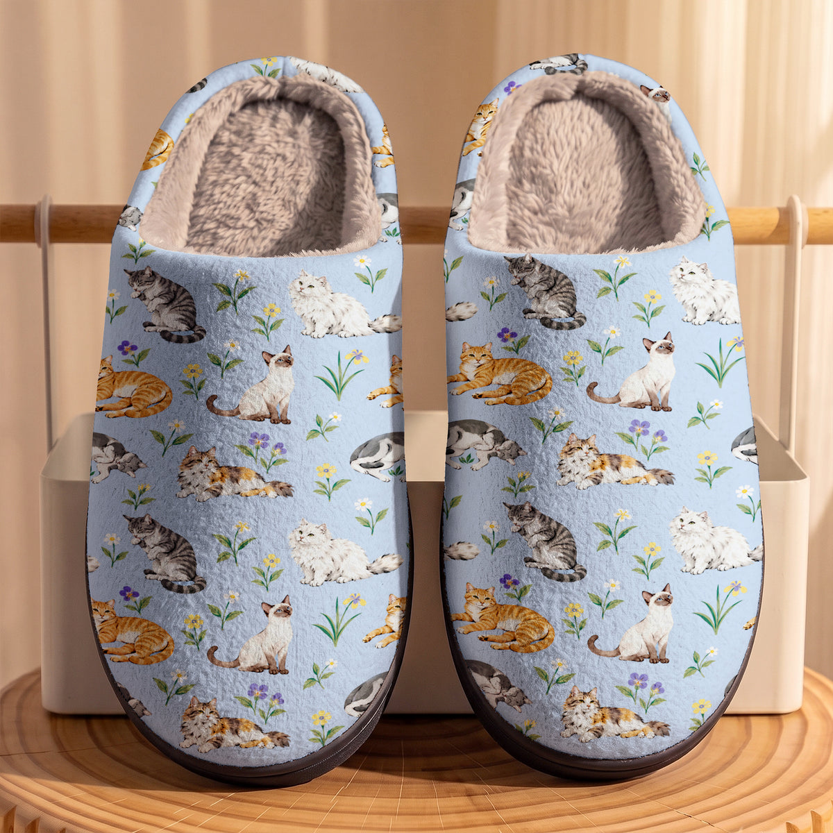 Cat Fleece Lined Slippers Cats in Wildflowers
