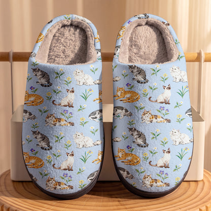 Cat Fleece Lined Slippers Cats in Wildflowers