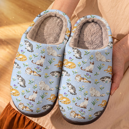 Cat Fleece Lined Slippers Cats in Wildflowers