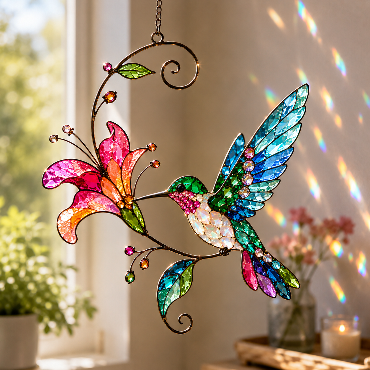 Hummingbird in Bloom 3D Glass Suncatcher