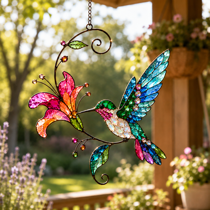 Hummingbird in Bloom 3D Glass Suncatcher
