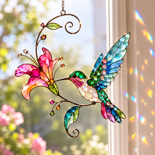 Hummingbird in Bloom 3D Glass Suncatcher