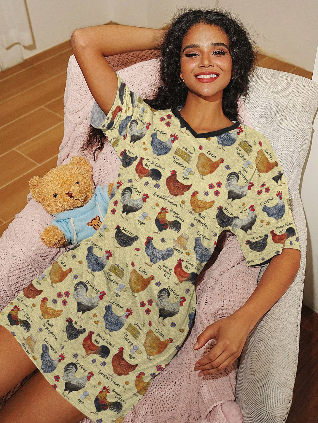 Chicken V-neck Nightshirt Chickadee Comfort