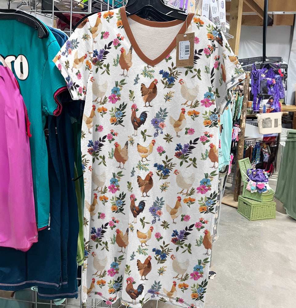 Chicken V-neck Nightshirt Chicken In Bloom