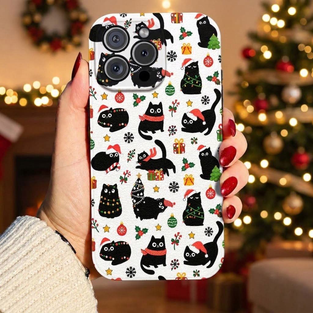 Cat Lover Leather Phone Case Christmas Naughty Black Cats - Black