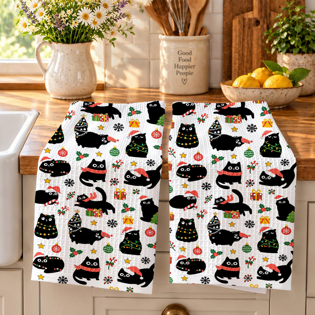 Cat Lover Kitchen Towel Christmas Naughty Black Cats