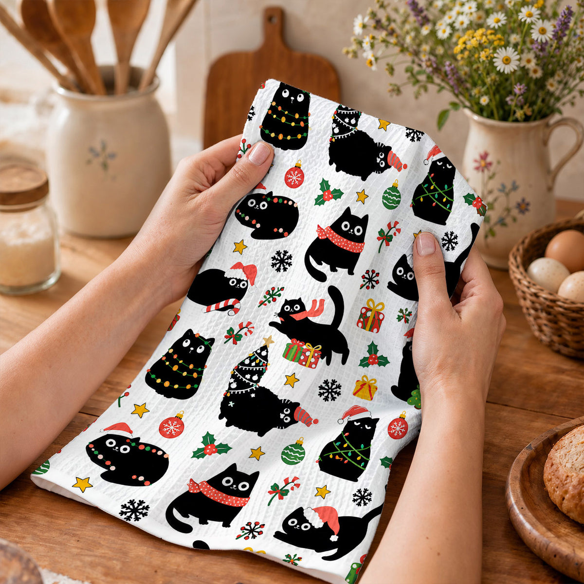 Cat Lover Kitchen Towel Christmas Naughty Black Cats