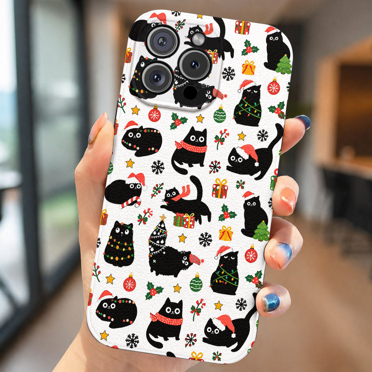 Cat Lover Leather Phone Case Christmas Naughty Black Cats - Black