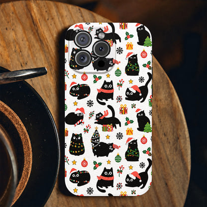 Cat Lover Leather Phone Case Christmas Naughty Black Cats - Black