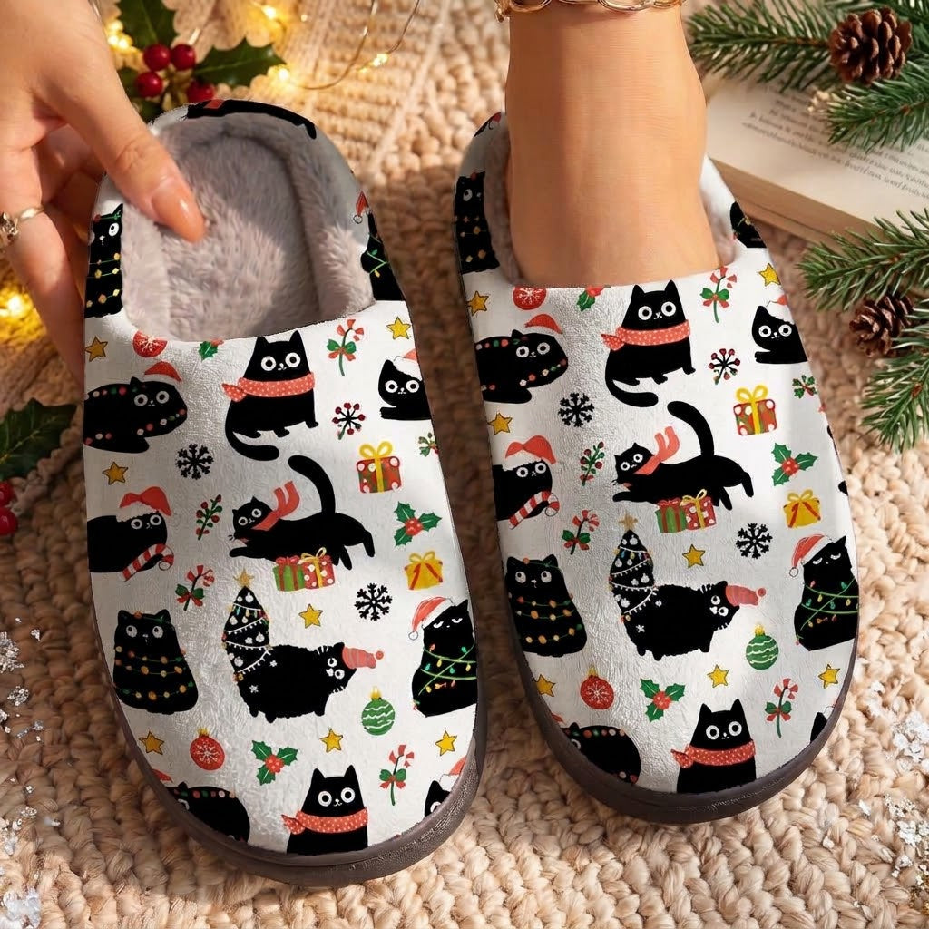 Cat Lover Fleece Lined Slippers Christmas Naughty Black Cats