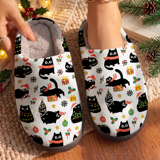 Cat Lover Fleece Lined Slippers Christmas Naughty Black Cats