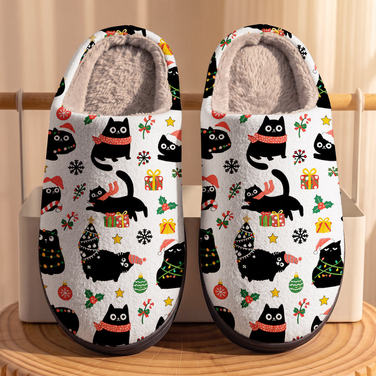 Cat Lover Fleece Lined Slippers Christmas Naughty Black Cats