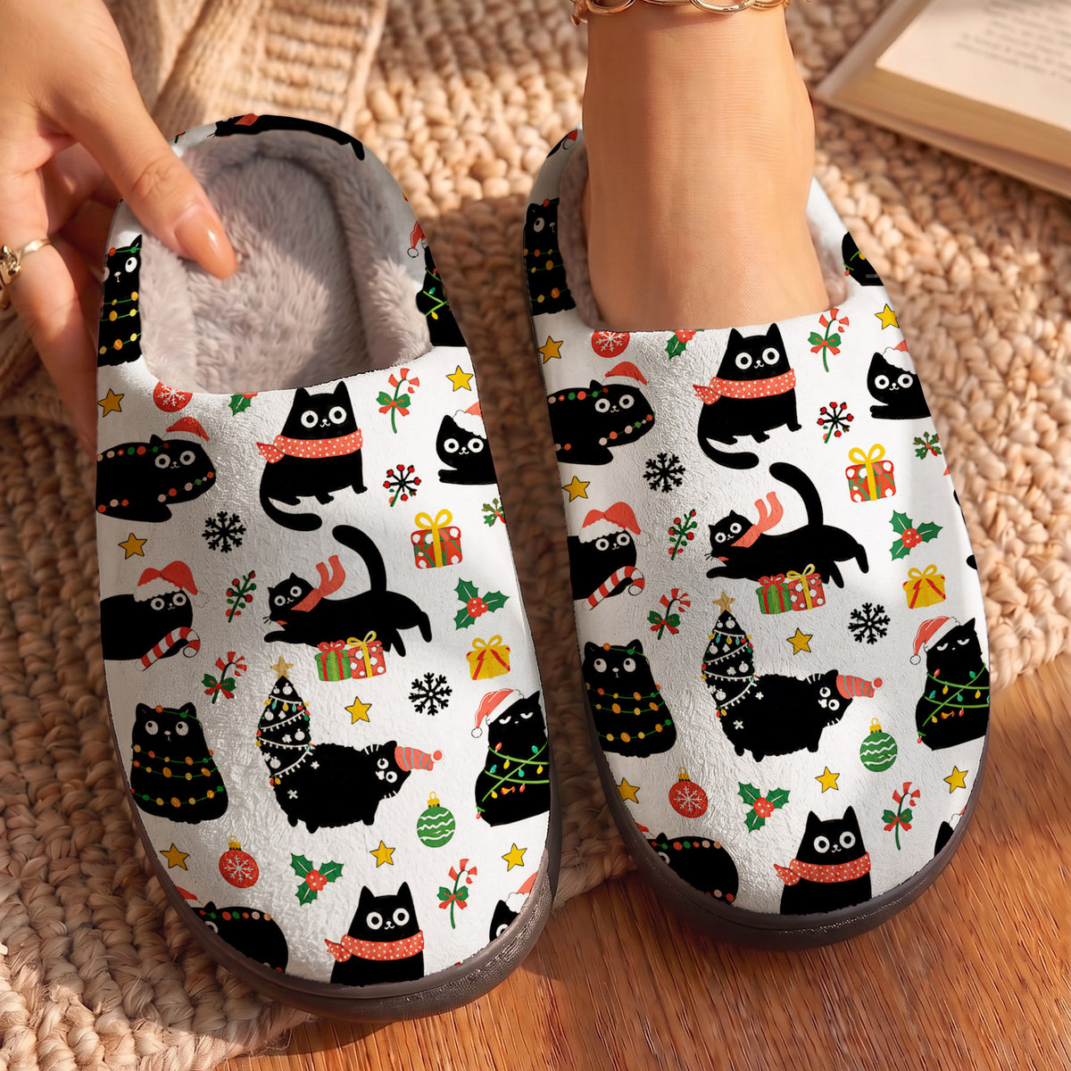 Cat Lover Fleece Lined Slippers Christmas Naughty Black Cats