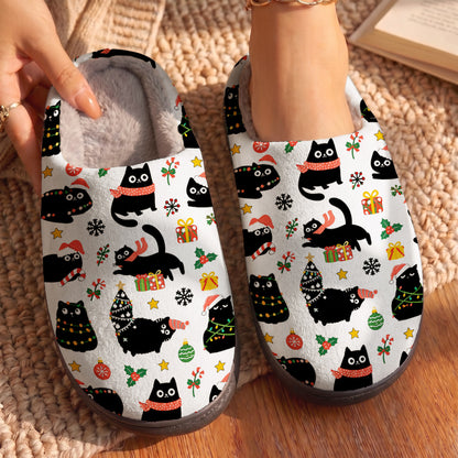 Cat Lover Fleece Lined Slippers Christmas Naughty Black Cats