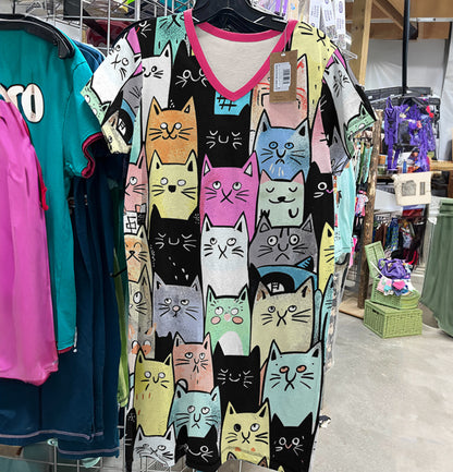 Cat Lover V-neck Nightshirt Colorful Kitty Parade