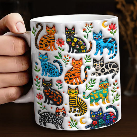 Cat Lover Ceramic Mug Colorful Floral Folk Cat