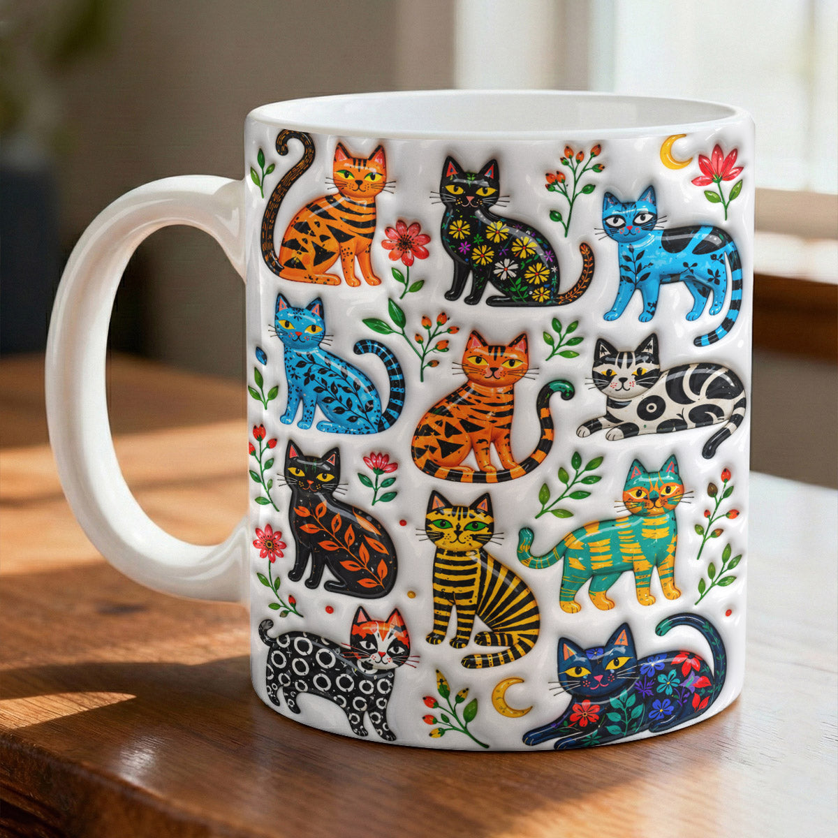 Cat Lover Ceramic Mug Colorful Floral Folk Cat