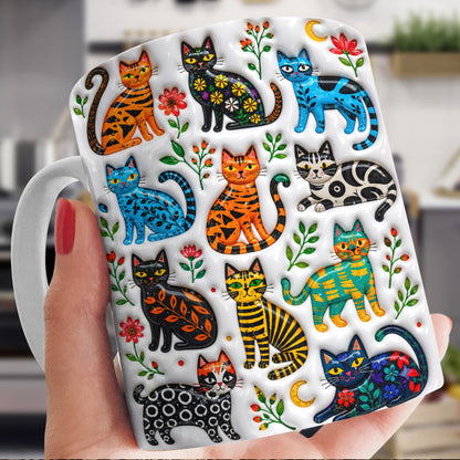 Cat Lover Ceramic Mug Colorful Floral Folk Cat