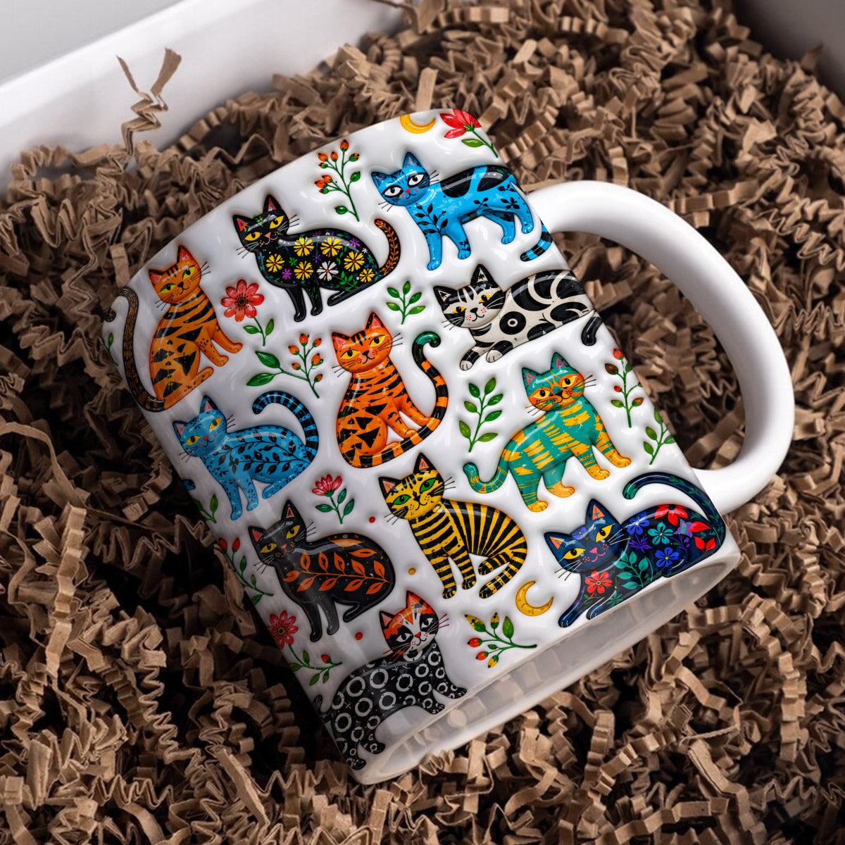 Cat Lover Ceramic Mug Colorful Floral Folk Cat